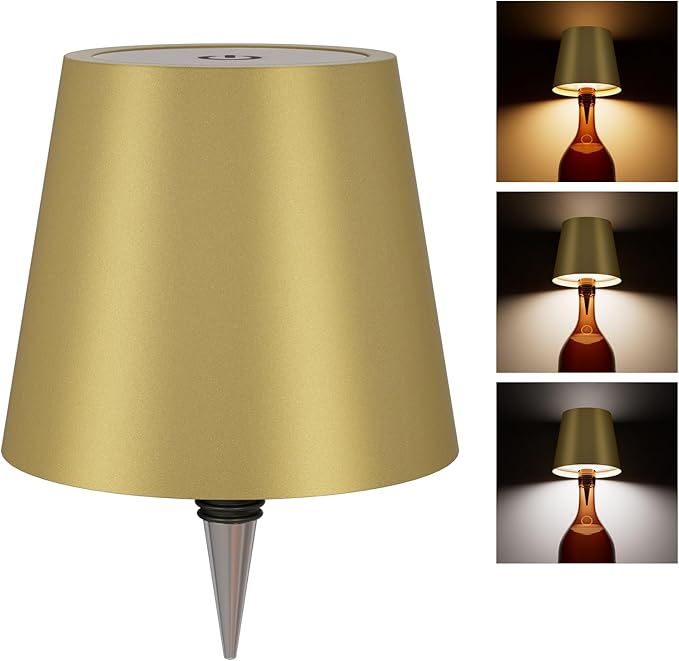 Wireless Bottle Lamp, Wireless Bottle Lamp Shade with 3 Color Temperature, Rechargeable Stepless Dimming LED Wine Bottle Lights for Any Bottle, Desk Lamp for Bedroom Restaurant Bar - Gold
