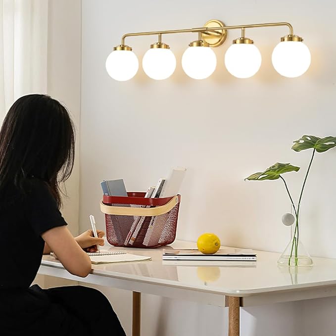 Bathroom Light Fixtures Gold Vanity Lights Over Mirror, Modern Wall Sconce Lighting 5-Light with White Glass Globe Shade