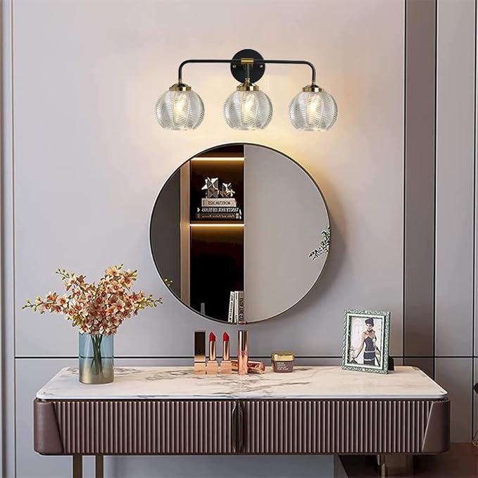 Bathroom Vanity Light fixtures 3 Light Glass Globe Wall Sconce Lights Black Wall Mount Light with Clear Glass Shade, Mid Century Modern Wall Sconce for Over Mirror Bedroom Hallway (3-Lights)