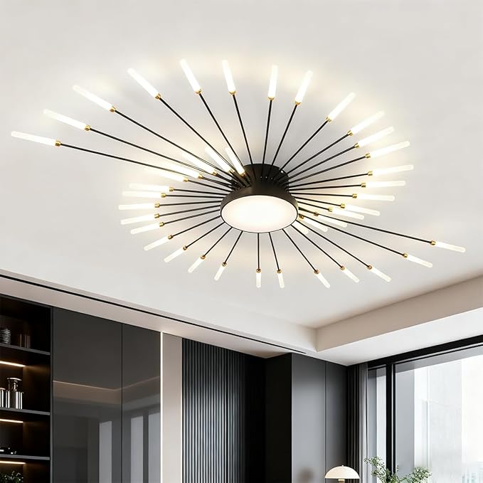 51 Inch Modern LED Ceiling Light 42+1 Lights Ceiling lamp Flush Mount Chandelier Black Interior Lighting for Living Room Dining Room Bedroom 4000K Fireworks Decoration Close to Ceiling Light