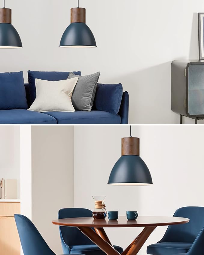 ELYONA Modern Pendant Light for Kitchen Island, Solid Wood Metal Hanging Lamp, Adjustable Height, 11.6" Industrial Pendant Light Fixtures for Farmhouse,Bar,Dining Room,Living Room,Bedroom - Dark Blue