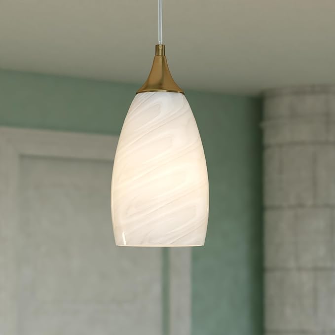 VAXCEL Milano 1-Light 4.75 in. Wide Muted Brass Gold Bell Mini Pendant with White Alabaster Glass Shade, Adjustable Height Hanging Ceiling Fixture for Dining Room, Kitchen Table, Entryway, Island