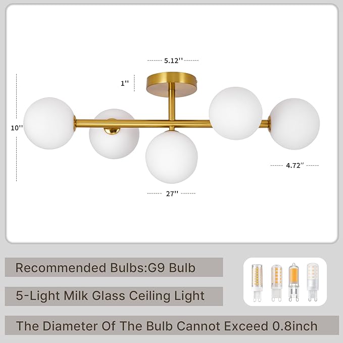 Globe Milk Glass Ceiling Light: Gold 5 Lights Semi Flush Mount Ceiling Light - Linear Century Modern Lighting Fixture - 27 Inch Brass Glass Lights with Sphere Shade for Bedroom Living Room Hallway
