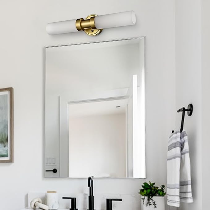 Modern Gold 2-Light Wall Sconce with Frosted Glass Shade 20-Inch Cylinder Bathroom Light Fixtures Brass Glass Sconces Wall Lighting for Living Room Bedroom
