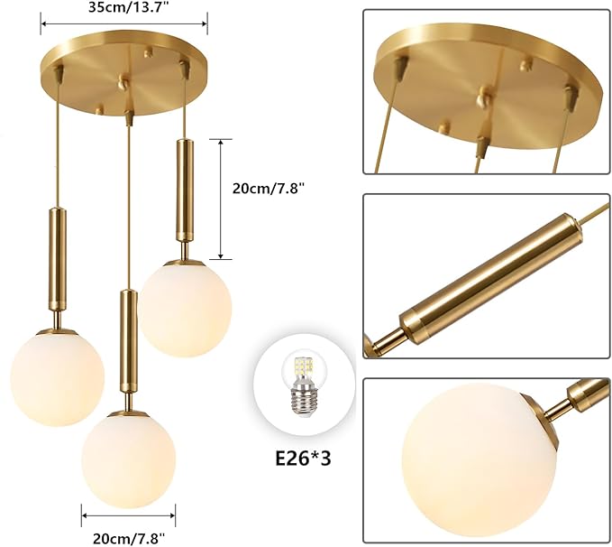 KCO Lighting 3-Lighs Cluster Pendant Lighting Mid Century Gold Globe Pendant Light Large Milk White Glass Chandelier Modern Kitchen Pendant Lighting for Living Room Dining Room