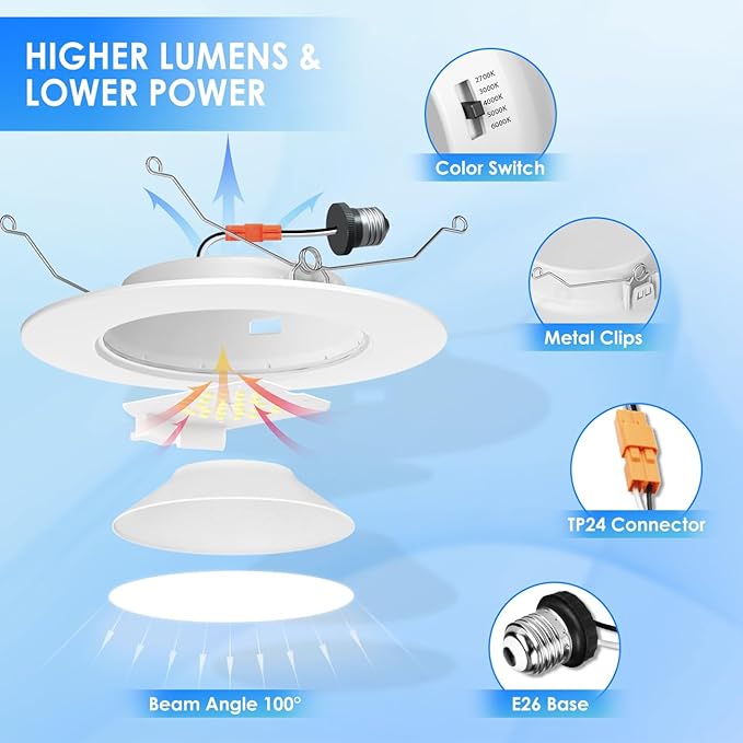 ANWIO Recessed Lighting 6 Inch, 24 Pack 5CCT Flat Retrofit LED Recessed Lights Can Needs, 2700/3000/4000/5000/6000K Selectable Can Lights 10W(120W Equivalent) CRI 80+ Dimmable E26 Base IC Rated & ETL