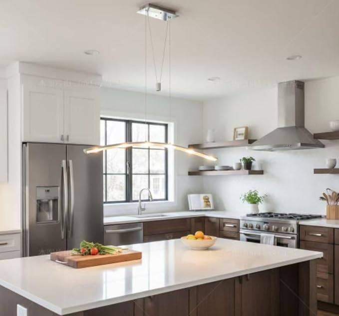 YIFONTIN LED Island Lights Adjustable Height Pendant Hanging Chandelier with Pulley System 27W Warm Lamp 47.5" Width for Kitchen Dining Study Room Restaurant Dorms Office, Brushed Aluminum.