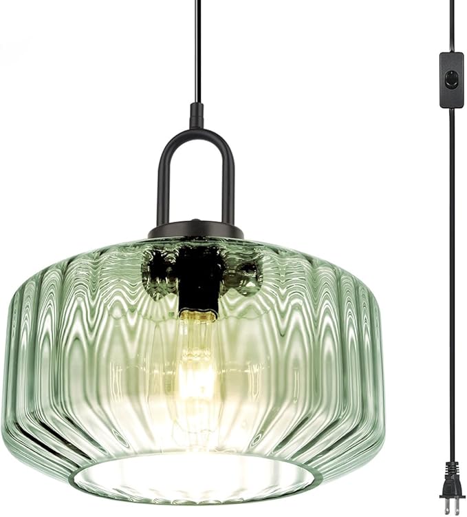 Light Green Hanging Lamp Plug-in Pendant Lights Vintage Pendant Lamps with 14.7 ft Cord Modern Glass Hanging Light Plug in Chandelier Lighting Large Striped Shade Mid Century Swag Lamp