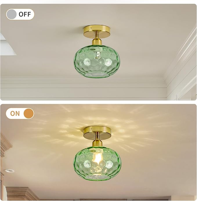 Green Glass Semi Flush Mount Ceiling Light - 7.9 Inch Hammered Art Deco Glass Small Hallway Light fixtures, Vintage Gold Flush Mount Ceiling Light for entryway Foyer Laundry Room Kitchen