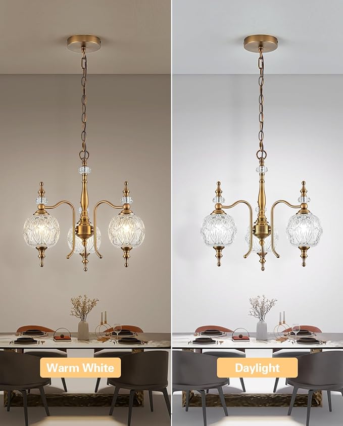 Vintage Pendant Light Fixtures, 3-Light Chandeliers for Kitchen Antique Gold Glass Pendant Lighting Matte Brushed Brass Finish with Crystal Glass Shade for Farmhouse Hotel Kitchen Island