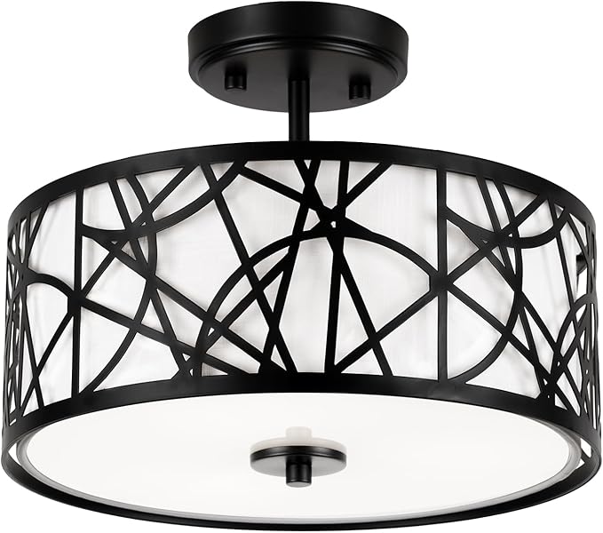 3-Light Semi Flush Mount Ceiling Light, 12.6" Drum Light with White Fabric Shade, Modern Close to Ceiling Lamp for Living Room Bedroom Dining Kitchen Hallway Entry Foyer (Matt Black)