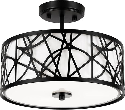 3-Light Semi Flush Mount Ceiling Light, 12.6" Drum Light with White Fabric Shade, Modern Close to Ceiling Lamp for Living Room Bedroom Dining Kitchen Hallway Entry Foyer (Matt Black)