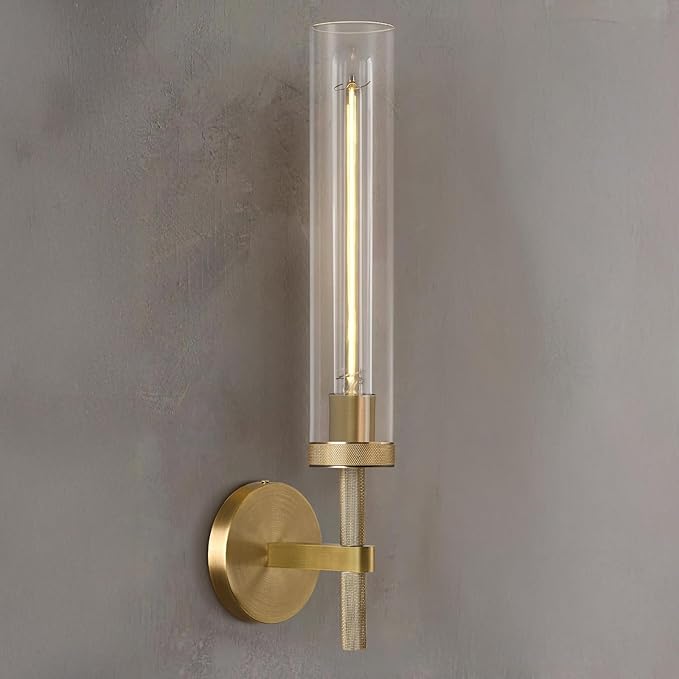 Modern Brass Hardwired Wall Sconces, 20'' Knurled Bathroom Wall Sconce, Indoor Wall Sconce,Copper and Tube Glass Vanity Light, for Living, Bedroom, Hallway, Staircases, Include Bulbs