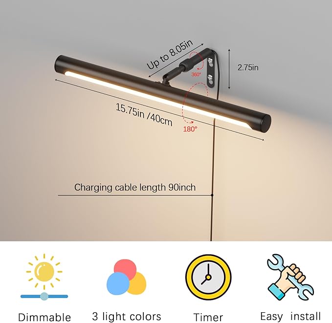 Picture Lights for Paintings Plug in, 16" Adjustable LED Picture Light Art Light with Timer, Remote Control Gallery Painting Wall Light for Picture Display Frame Dartboard Art Work (Black)