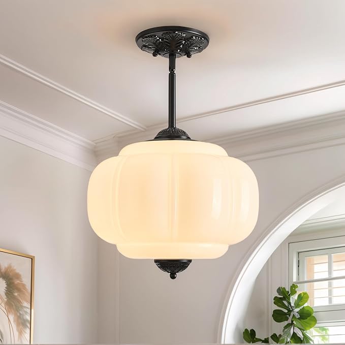 Milk Glass Ceiling Light Fixture, 12" Vintage Scallop Semi Flush Mount Pendant Light, Schoolhouse Light Fixture - Antique Chandelier for Kitchen, Hallway, Dining Room, White/Black