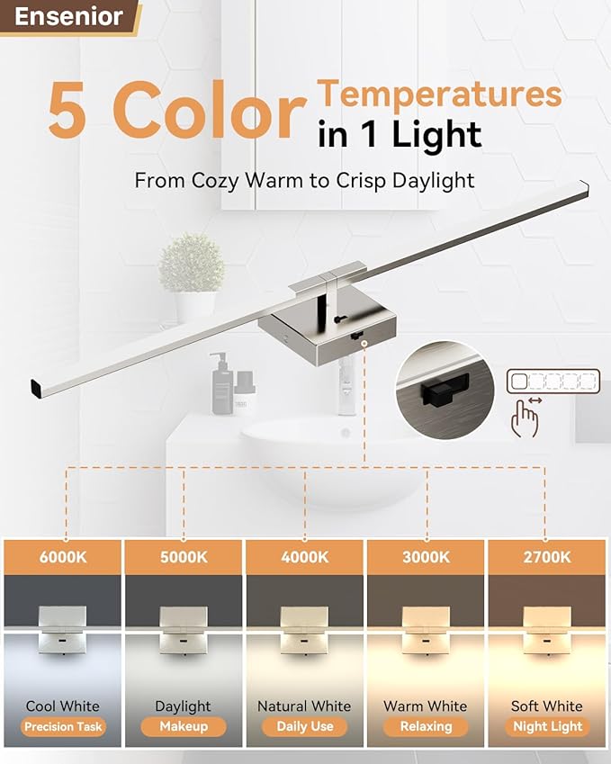 Ensenior Modern Brushed Nickel Bathroom Vanity Light 32 inch, Built-in Dimmer, 1450LM Dimmable 5CCT Led Bath Lights, Bar Vanity Light for Bathroom Mirror Cabinets Bedroom-FCC & ETL Certificated