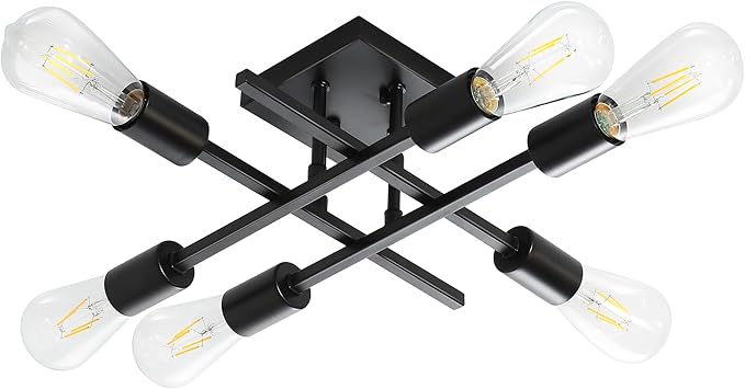6-Light Semi Flush Mount Ceiling Light Fixture, Modern Black Sputnik Chandelier Lighting, Farmhouse E26 Stock Ceiling Lamp Kitchen Bedroom Living Room Entryway, Bulbs Not Included