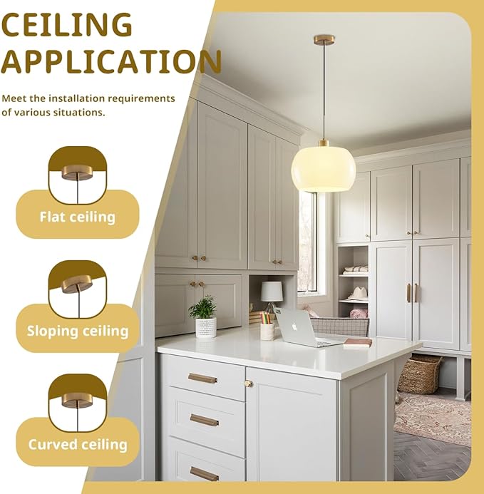 Ceiling Pendant Lights Milk Yellow Glass Pendant Lamps Gold Brushed Brass Light Fixtures Single Small Hanging Lights for Kitchen Sink Dining Room Bedroom