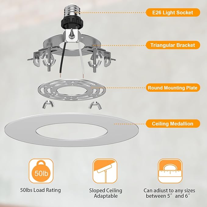 5 and 6 inch Recessed Can Light Conversion Kit, Ceiling Light Fixture Upgrade, Pendant & Hanging, 7¾ Inch Flat Steel Ceiling Medallion, White Finish 2 Packs