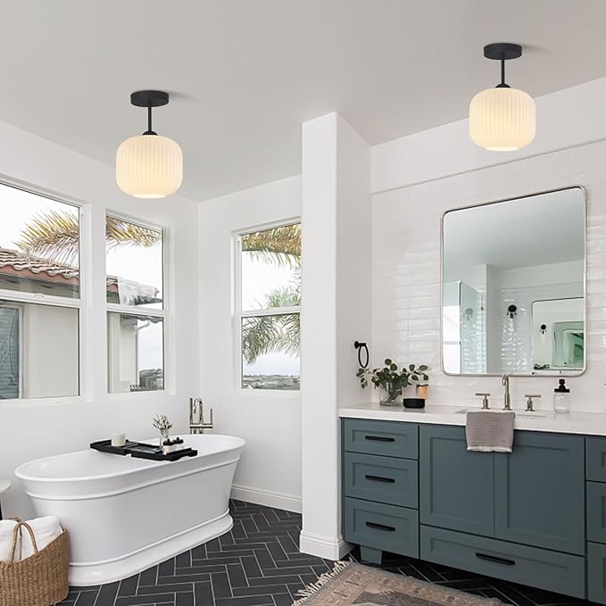 Small Milk Ribbed Glass Flush Mount Ceiling Light Nordic White Ceiling Lights Mid Century Modern Globe Semi Flush Mount Ceiling Light Fixture for Kitchen Hallway (2 Pack)