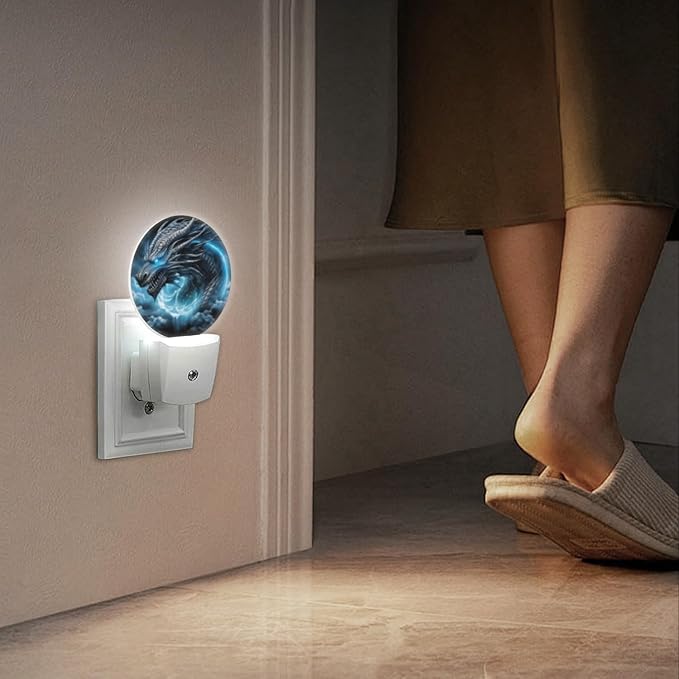 Round LED Night Lights Lamp with Dusk to Dawn Sensor, Fierce Dragon with Glowing Blue Eyes Night Light Plug Into Wall for Kids Room, Bedroom, Bathroom, Kitchen, Hallway