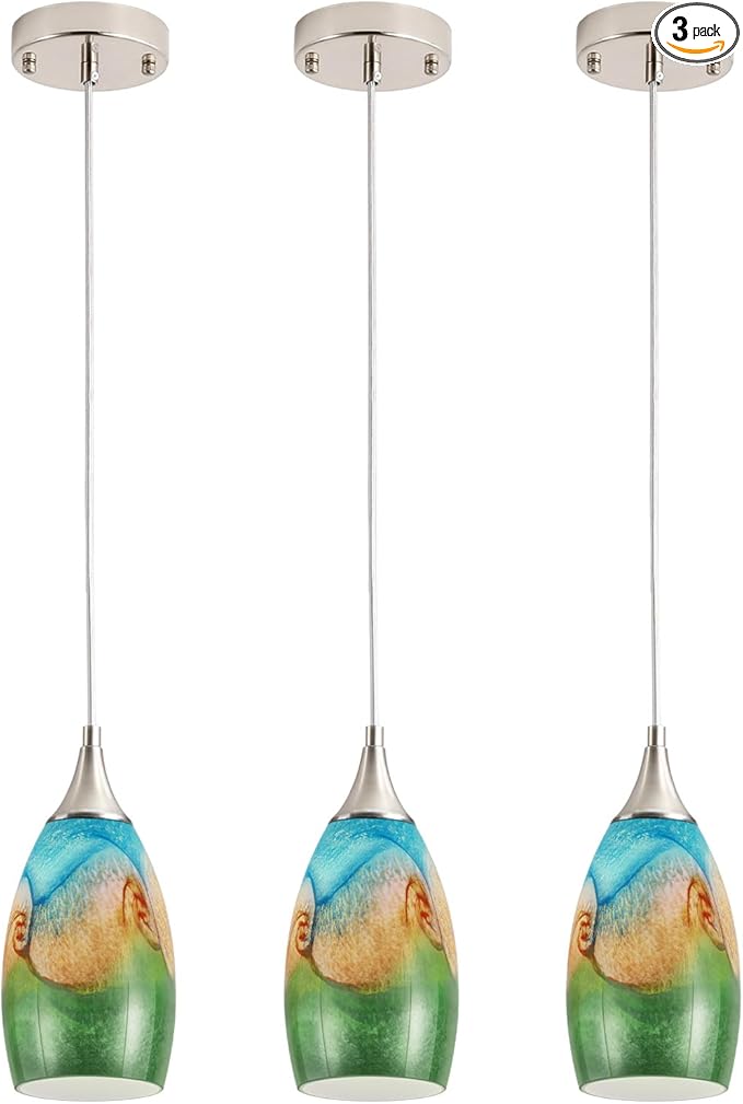 GLADFRESIT Coastal Harmony Pendant Light for Kitchen Islands – Nature's Canvas with Grassland, Beach, and Wave-Inspired Shades, Pack of 3 for Dining Room, Entryway (Bulb Excluded)