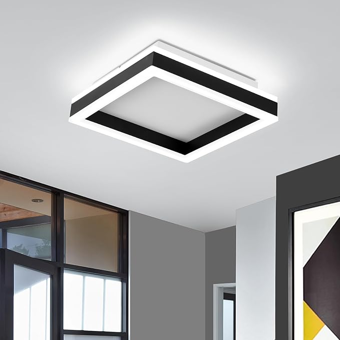 Square LED Hallway Ceiling Light, 6000K Cold White Black Modern Led Ceiling Light Fixture,Minimalist Flush Mount Ceiling Lamp for Hallway Entryway Bedroom Kitchen Laundry Room(9.5 in)