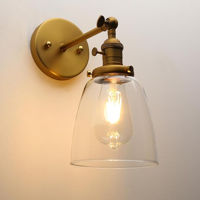 Pathson Vintage Wall Sconce Lighting with On Off Switch, Clear Glass Shade Brass Vanity Light, Industrial Wall Fixtures for Living Room Bathroom Bedroom Garage Porch
