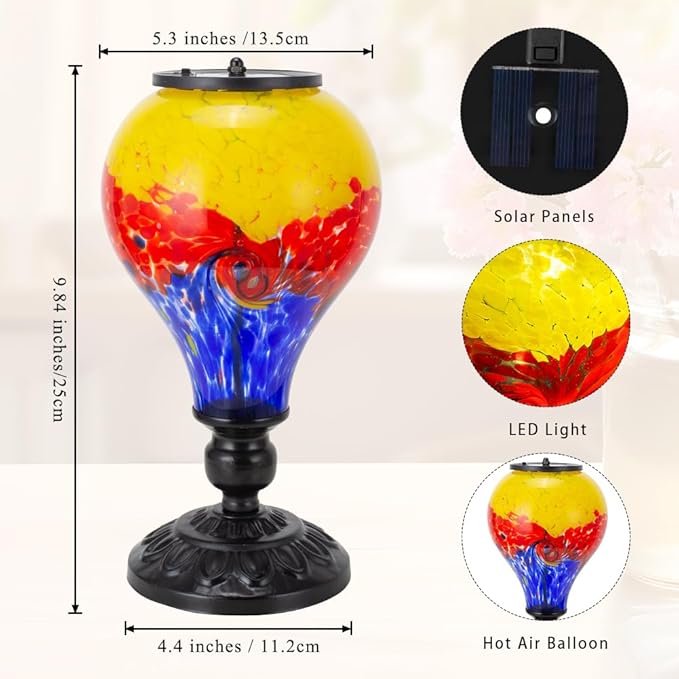 Outdoor Solar Lantern Waterproof Glass Table Lamp 9.8" H Hot Air Balloon Solar Lanterns Led Garden Lights for Patio Desk Garden Yard Tabletop Decor Ideal Gifts(Yellow-Red-Blue)