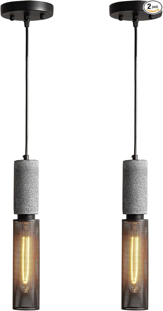 Concrete Linear Pendant Light with a Metal Mesh Shade,Modern Industrial Hanging Cement Pendant Lighting Fixture for Kitchen Island Dinning Room Bedroom(Black 2-Pack)