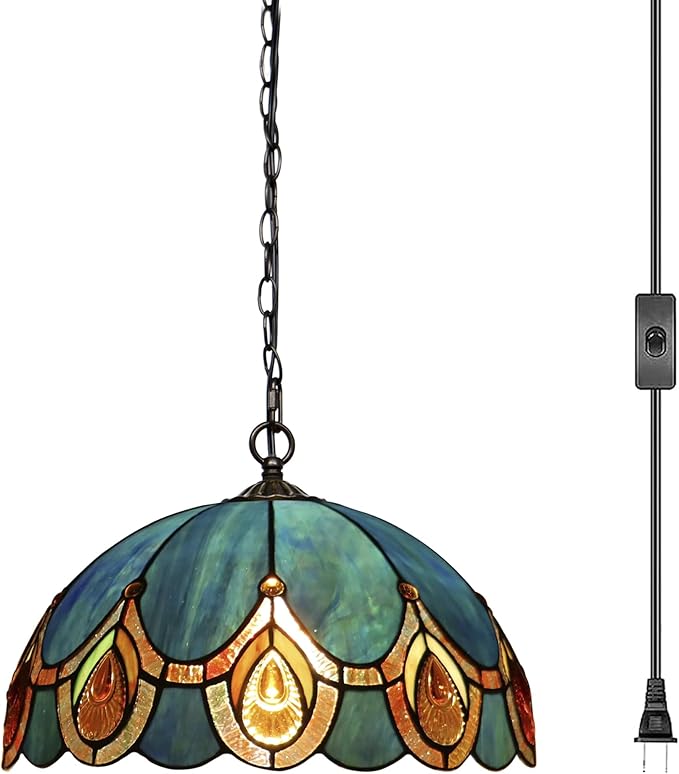 Tiffany Pendant Light Plug in Stained Glass Hanging lamp 12X12X181 Inch Hanging Lamp Living Room Bedroom Kitchen Dining Room Office（Peacock Crystal Style