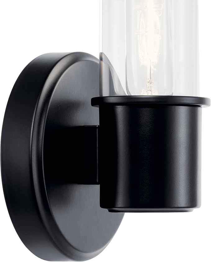 Kichler Aviv 1-Light Wall Sconce, Modern Light with Clear Glass in Black, for Bedroom, Laundry Room, Kitchen or Hallway (13" x 5.5"), 52653BK