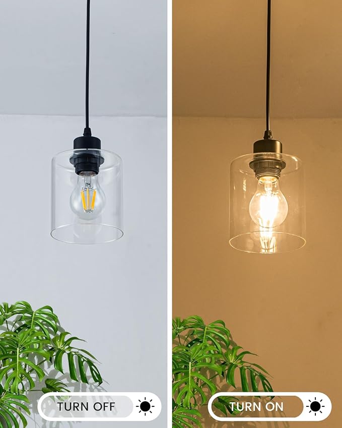 1 Light Pendant Lights Kitchen Island, Modern Farmhouse Hanging Light Fixture, 39Inches Adjustable Black Ceiling Light for Dining Room, E26 Base, Clear Glass Shape