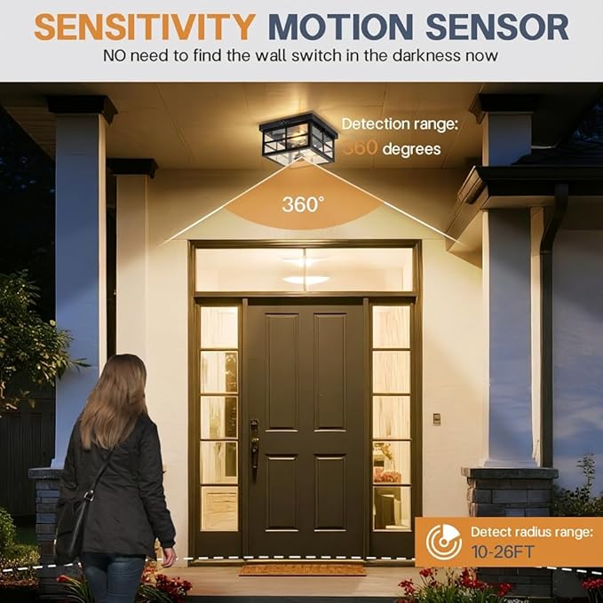 Vexagyle Outdoor Ceiling Light with Motion Sensor,2-Light Outdoor Ceiling Lights for Porch Flush Mount Motion Sensor,Dusk to Dawn Outdoor Light Fixture Ceiling Mount with Clear Glass for Porch,Garage