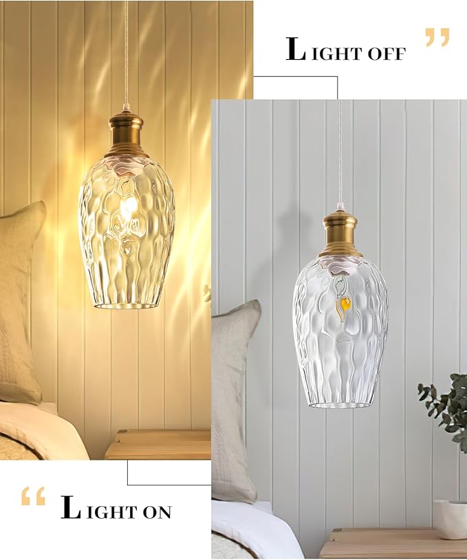 Gold Pendant Lights Kitchen Island, 6.3” Blown Hammered Glass Pendant Lights, Vintage Clear Glass Pendant Light 2-Pack, Modern Pendant Light for Kitchen Island, Dining Room, Bathroom，Cafe
