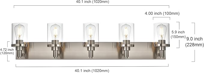 5 Lights Vanity Wall Light Fixtures Over Mirror, Modern Bathroom Light with Clear Glass Shade, Brushed Nickel Farmhouse Wall Sconce Lighting for Bathroom Mirror Kitchen Porch Living Room