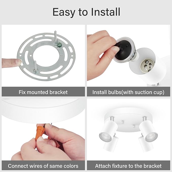 LED 4 Light Track Lighting Kit, LED Track Lighting Fixtures, White Round Ceiling Spot Lighting, Flexibly Rotatable Light Head for Kitchen, Living Room, Bedroom, GU10 Bulb Not Included
