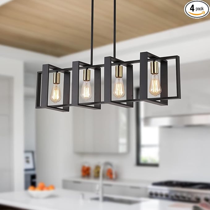 35.4" Kitchen Island Lighting Fixture, Dining Room 4 Lights Chandeliers, Black Wood+Metal Pendant Light for Foyer Hallway Living Room
