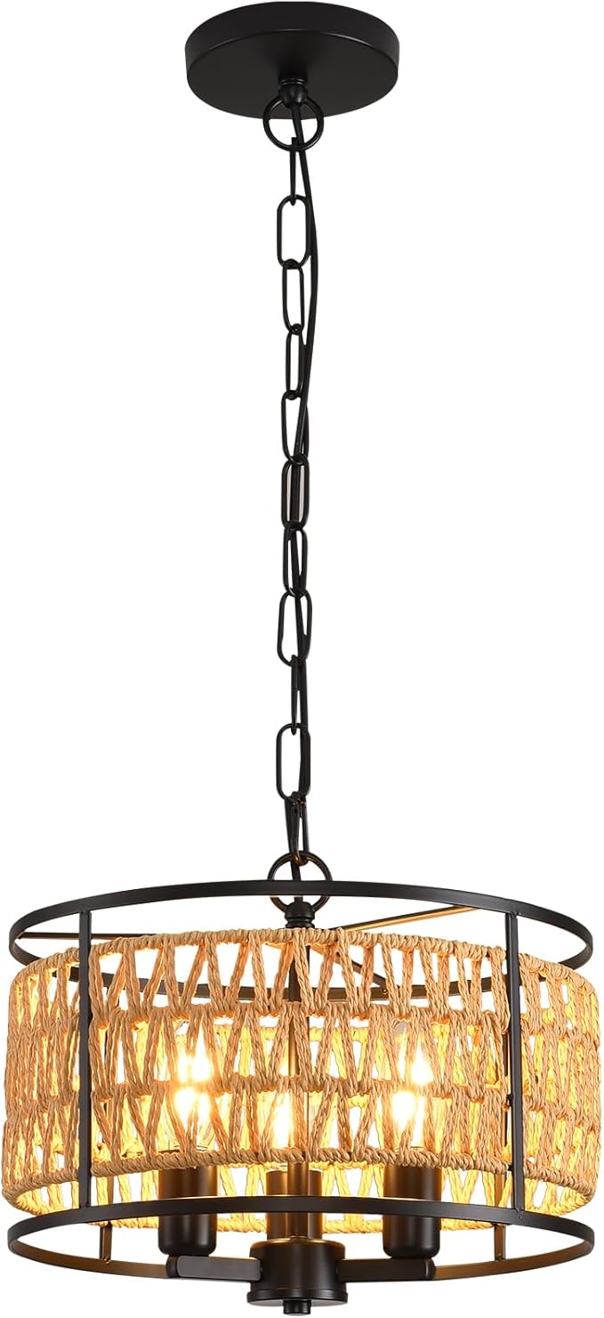 lobolighting Boho Rattan Chandelier, 11.8" 3-Lights Farmhouse Pendant Light with Hand Woven Drum Shade, Modern Black Chandelier for Dining Room Living Room Kitchen Island Bedroom