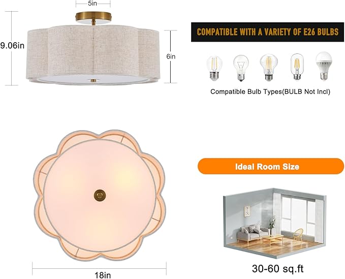 Semi Flush Mount Ceiling Light, Beige Linen Fabric Shade Ceiling Light, Golden Modern Farmhouse Close to Ceiling Light for Bedroom, Hallway, Living Room, Dining Room, Laundry Room
