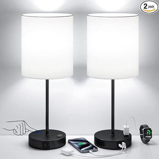 White and Black Lamps for Nightstand Set of 2 - Bedside Table Lamp for Bedroom with Dual USB Ports & AC Outlet, 3-Way Dimmable Lamps for Living Room Boys Room, Night Light with 5000K Daylight Bulbs