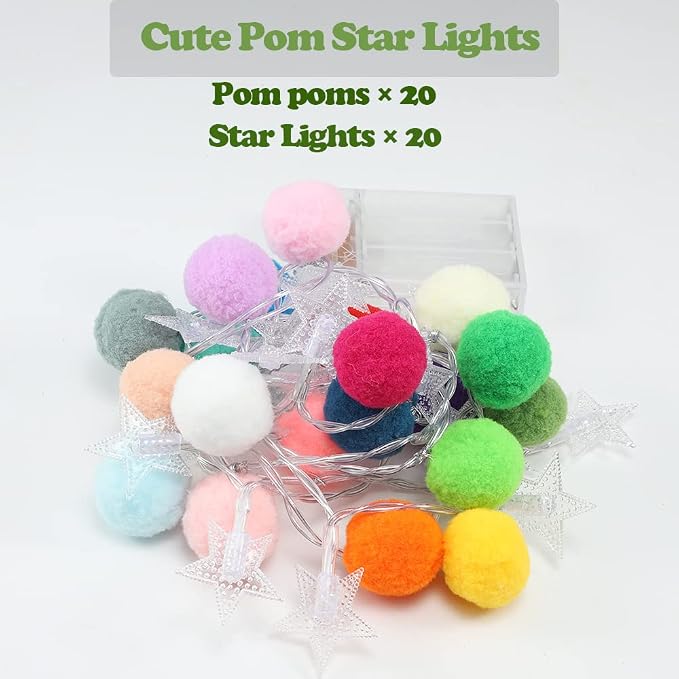 ChiRee Indoor String Lights 6.56 Feet Pom Poms Star Lights 20 LED Battery Operated String Fairy Lights Warm White Star Lights Colorful Decor Lights for Home Bedroom Kids Playhouse Holiday Christmas