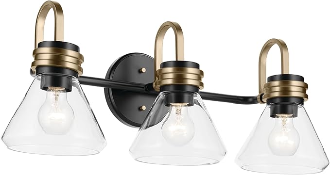 Kichler Farum 26" 3-Light Bathroom Vanity Light Fixture with Clear Glass in Black, Modern Wall Mount Over Mirror for Single or Double Vanity, Powder Room (26" x 9.5" x 9.5"), 55155BKCLR