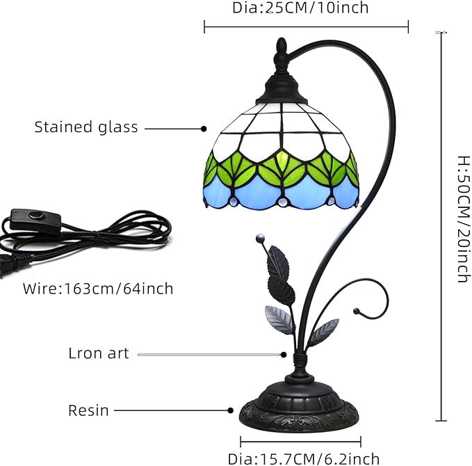 Rural Green Lotus Leaf Style Tiffany Lamp Stained Glass Table Lamp Living Room Office Hotel Bar Kitchen Table Reading Room Bedside end Table Lamp Holiday Gift Home Decoration LED Vintage Desk Lamp