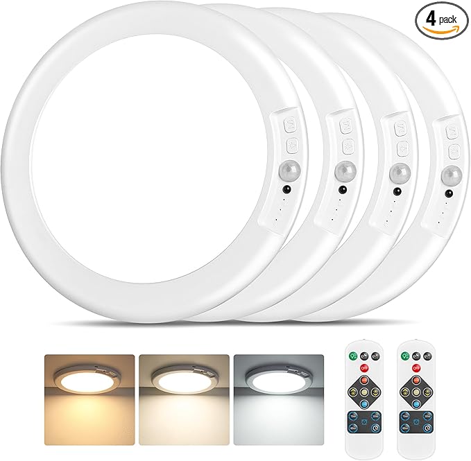 Rechargeable Motion Sensor Ceiling Lights with Remote, Battery Operated Ceiling Lights No Wiring, Wireless 3 Colors Dimmable Overhead Lamps for Closet Shower Shed Hallway, 4-Pack