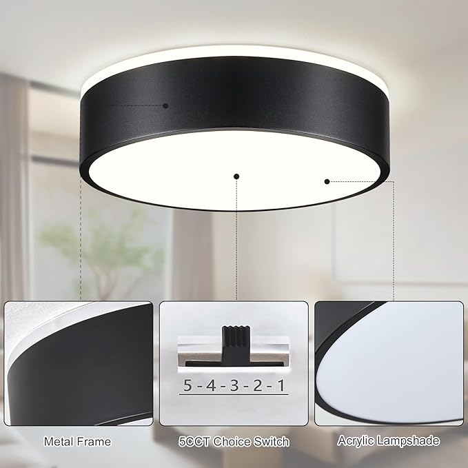 Black Flush Mount Ceiling Lights, Modern Dimmable 5CCT Close to Lighting Fixture, 2700K-6000K LED Round Ceiling Lamp for Kitchen Hallway Bedroom Laundry Room Entryway Bathroom-11.8in