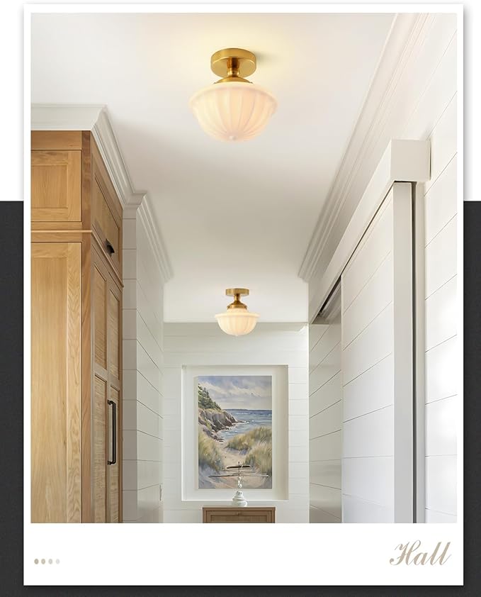 Schoolhouse Milk White Glass Ceiling Light,9" Semi Flush Mount Ceiling Light, Gold Mid Century Light Fixtures for Bedroom Kitchen Hallway Entryway
