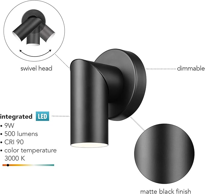 Globe Electric 64000113 4.5" Convertible Wall or Ceiling Mount LED Integrated Track Lighting Spotlight, Matte Black, Adjustable Pivoting Head, 9W, 500 Lumens, 3000 Kelvin, Dimmer Switch Compatible