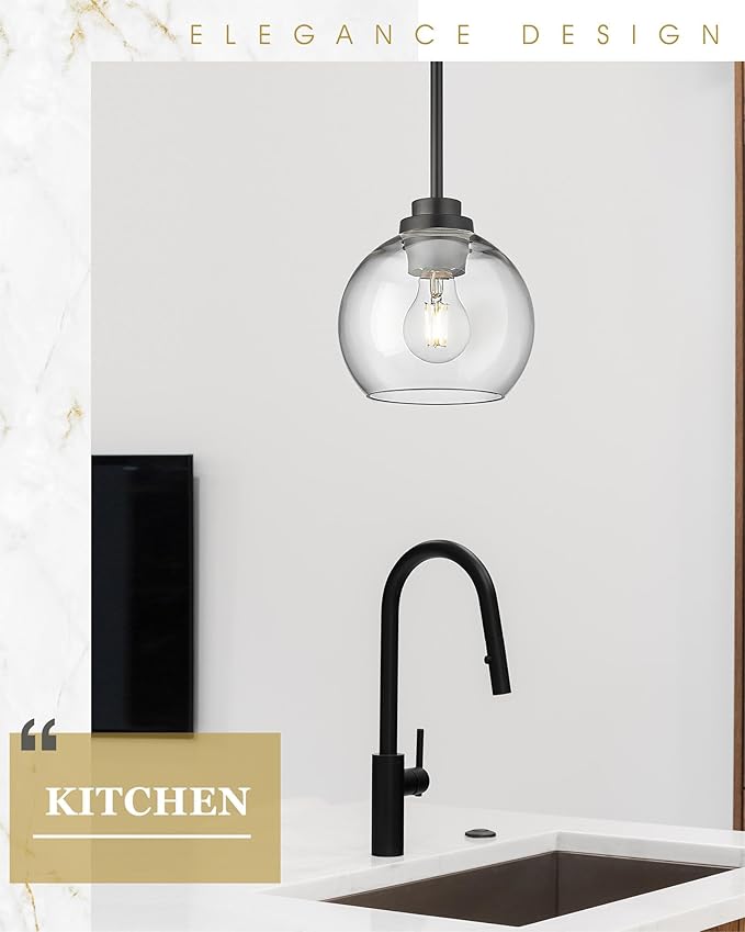 Pendant Lights Kitchen Island 2 Pack, 7" Modern Black Hanging Lights Fixtures with Clear Glass Globe Shade, Kitchen Island Lighting for Bathroom, AD-22280-1P2-BK-C