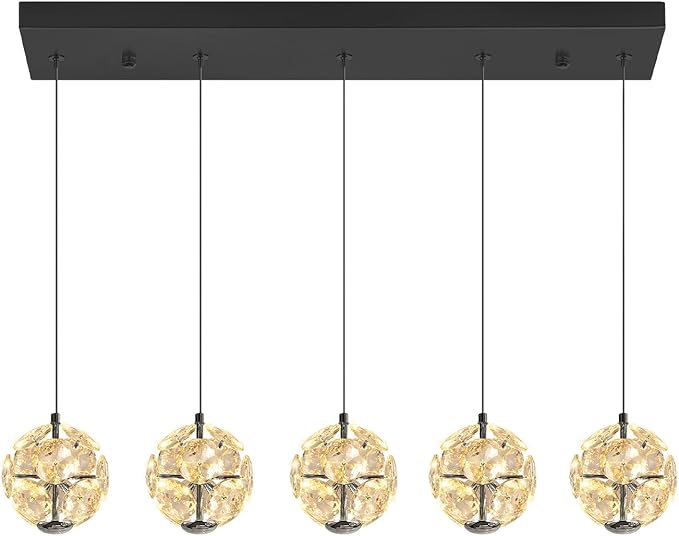 ykolupty 5-Lights Crystal Globe Pendant Light Kitchen Island Black Linear Chandeliers for Dining Room,LED Dimmable Globe Chandelier for Kitchen Living Room Foyer